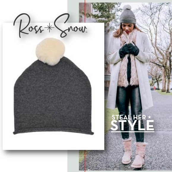 𝐑𝐎𝐒𝐒 ✳ 𝐒𝐍𝐎𝐖 100% Cashmere Palla de Neve Grey Pom-Pom Beanie Cap - NEW!!!